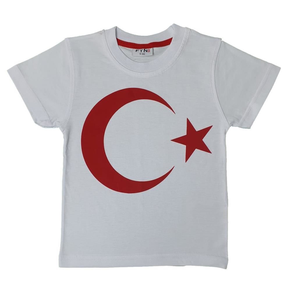 Kız-Erkek Çocuk Bayrak Modelli Tişört Beyaz - 5 YAŞ