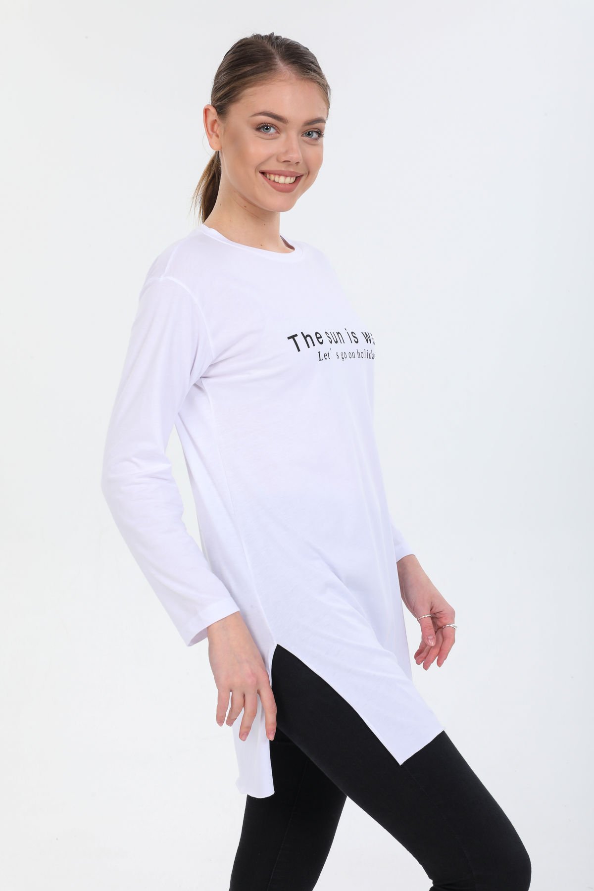Pinkapple Kadın Baskılı Yırtmaçlı Oversize Tshirt Tunik M - Beyaz