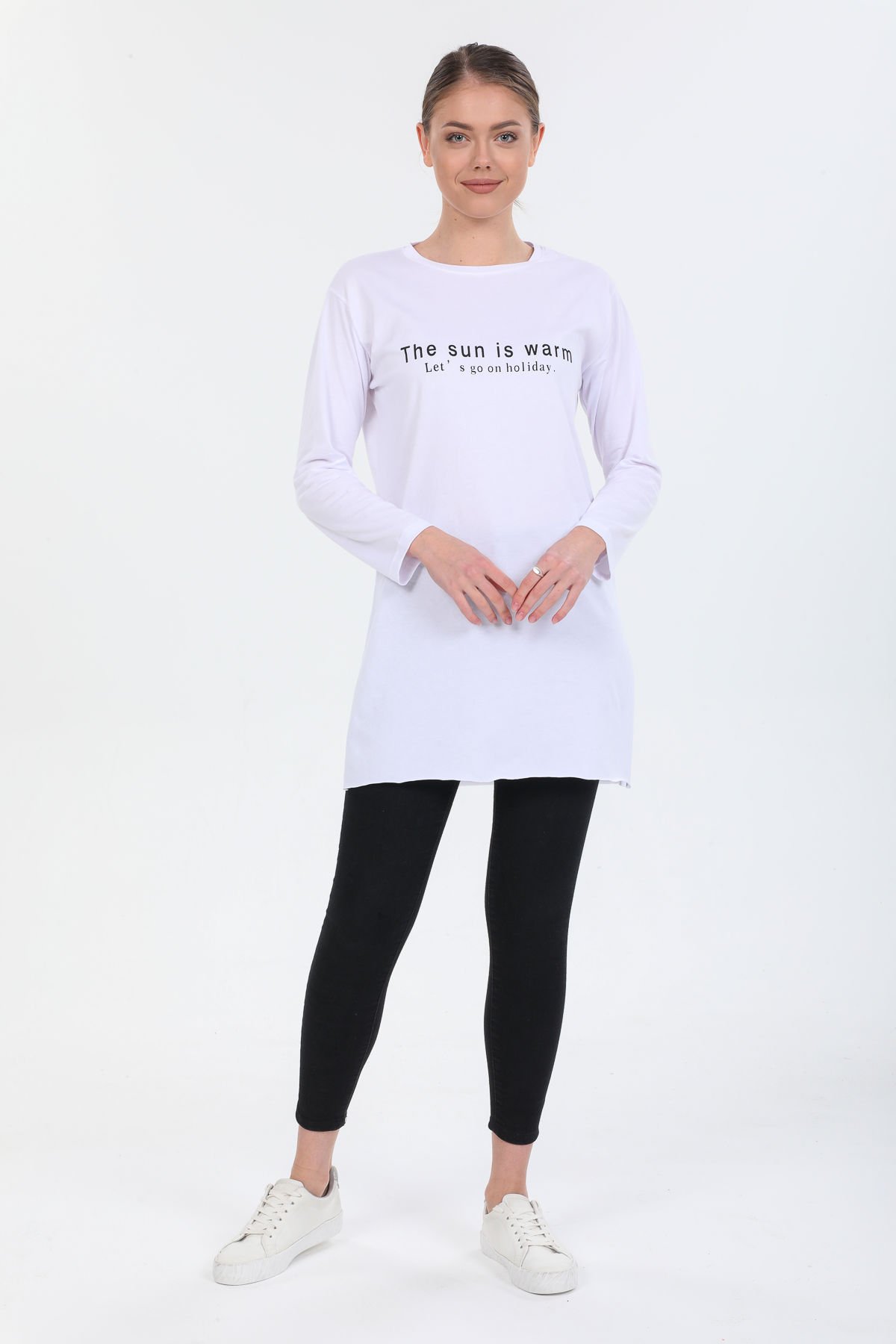 Pinkapple Kadın Baskılı Yırtmaçlı Oversize Tshirt Tunik M - Beyaz