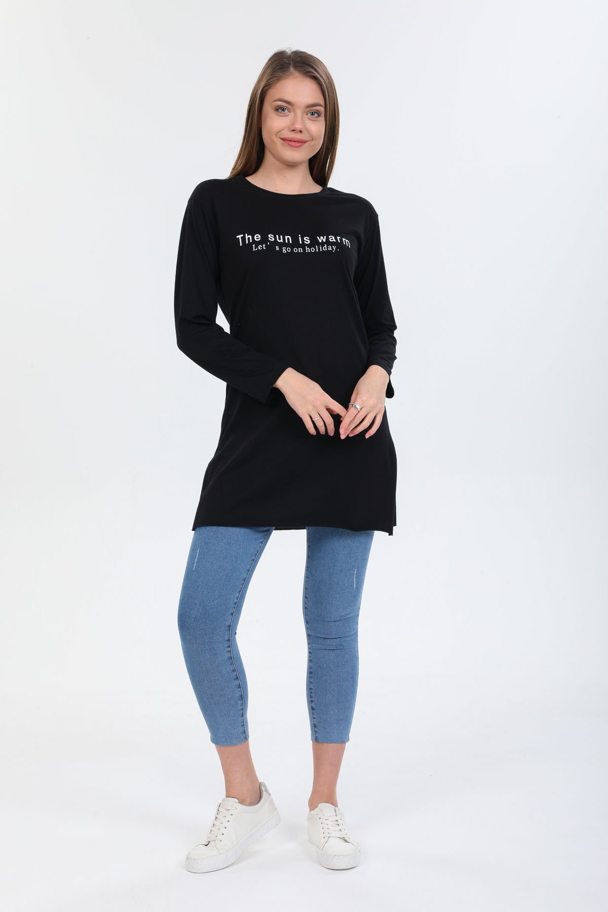 Pinkapple Kadın Baskılı Yırtmaçlı Oversize Tshirt Tunik L - Siyah