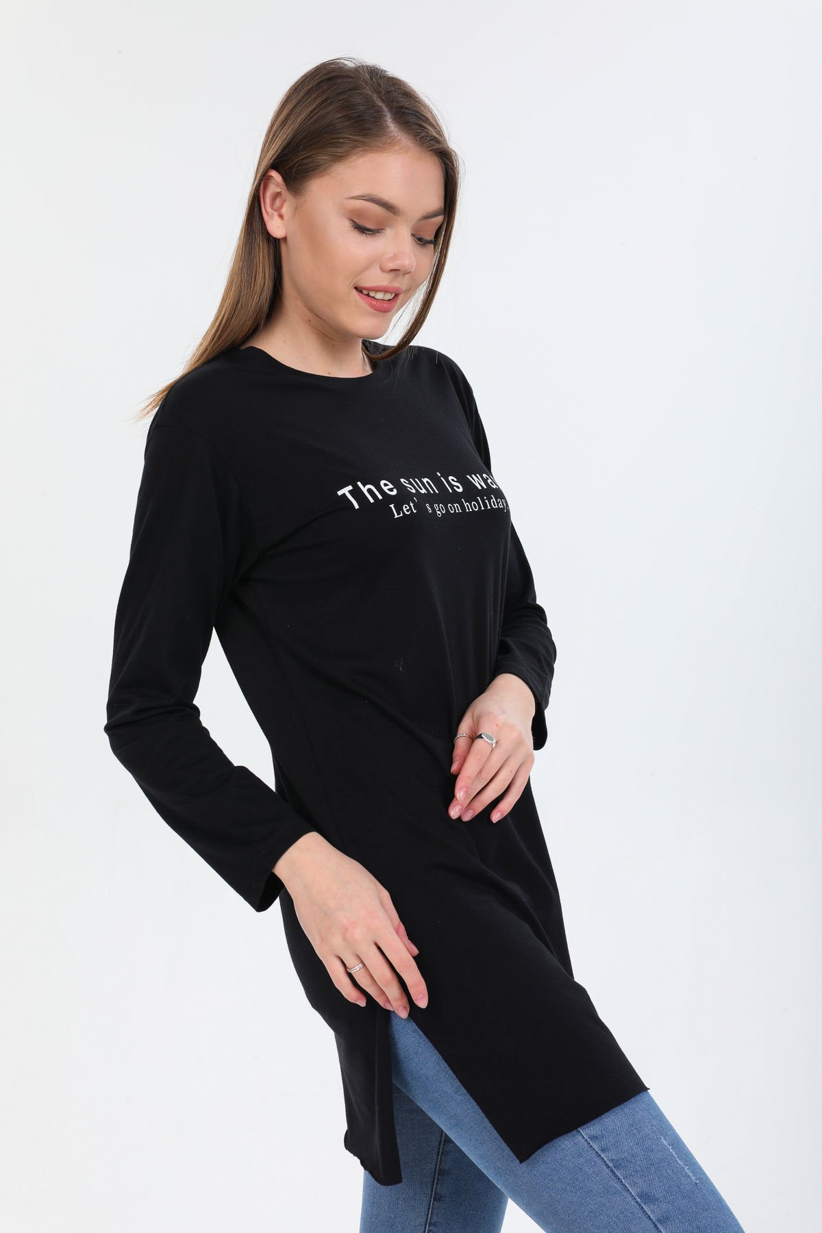 Pinkapple Kadın Baskılı Yırtmaçlı Oversize Tshirt Tunik L - Siyah