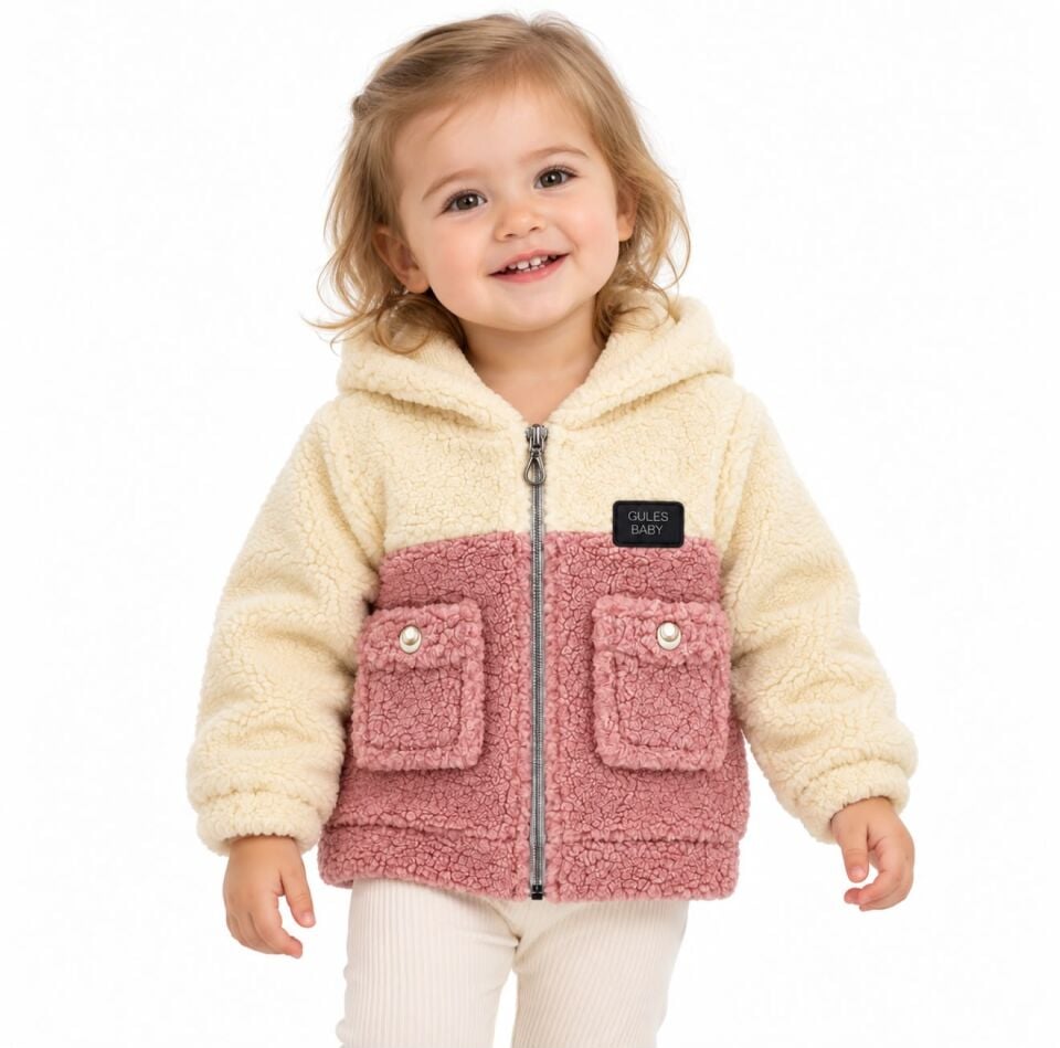 Bebek Peluş Ceket Wellsoft Kumaşlı Kapüşonlu Ekru Lila Fermuarlı Cepli Sherpa Mont
