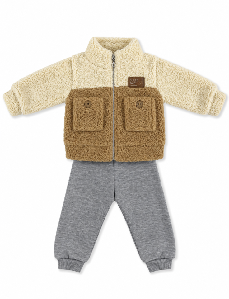 Bebek İkili Takım Cepli Kahverengi Peluş Ceket ve Gri Jogger