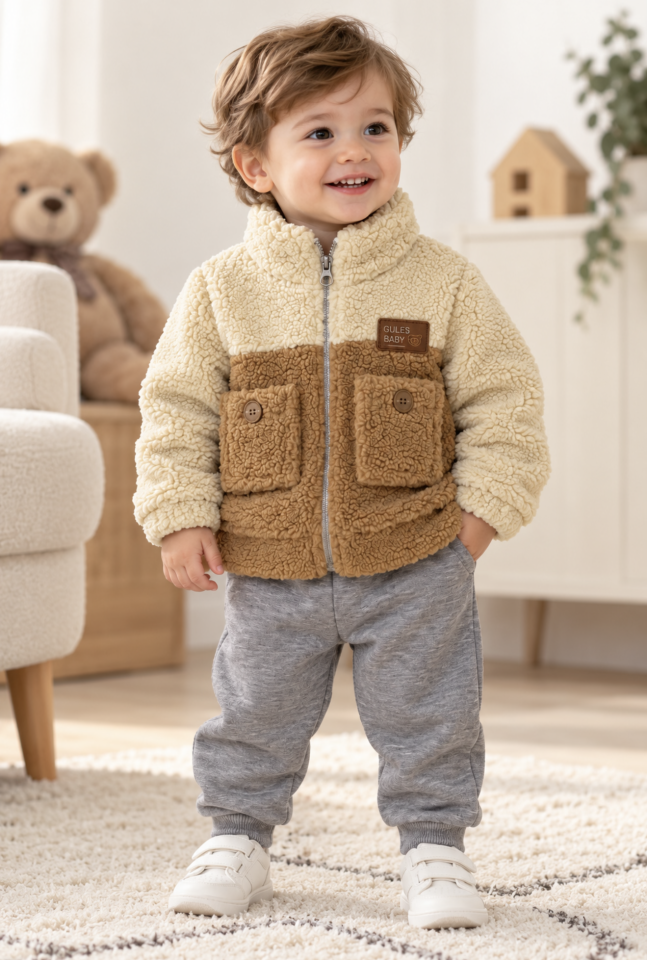 Bebek İkili Takım Cepli Kahverengi Peluş Ceket ve Gri Jogger