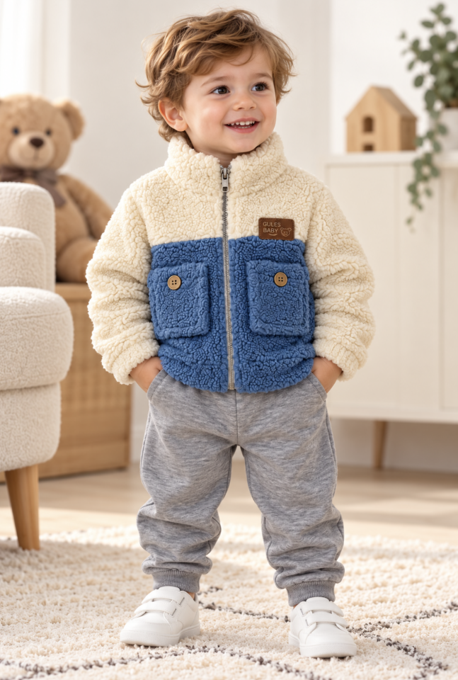 Bebek İkili Takım Cepli Mavi Peluş Ceket ve Gri Jogger