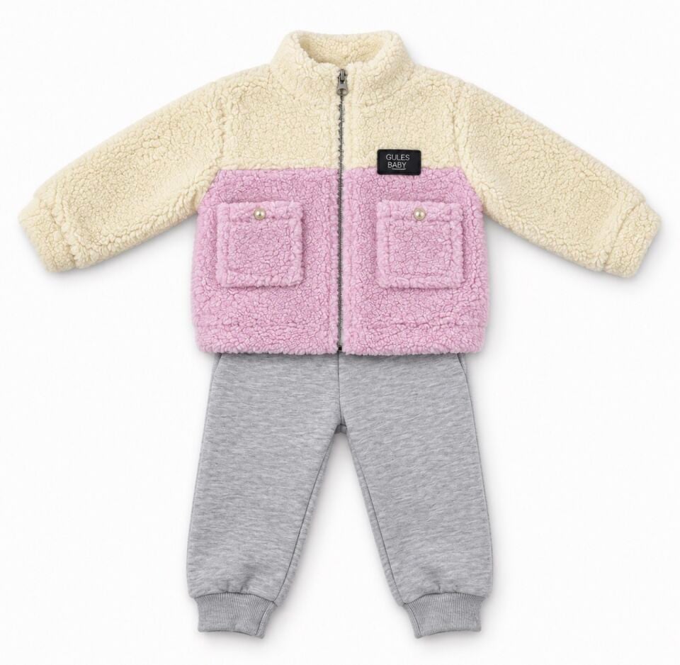 Bebek İkili Takım Cepli Pembe Peluş Ceket ve Gri Jogger