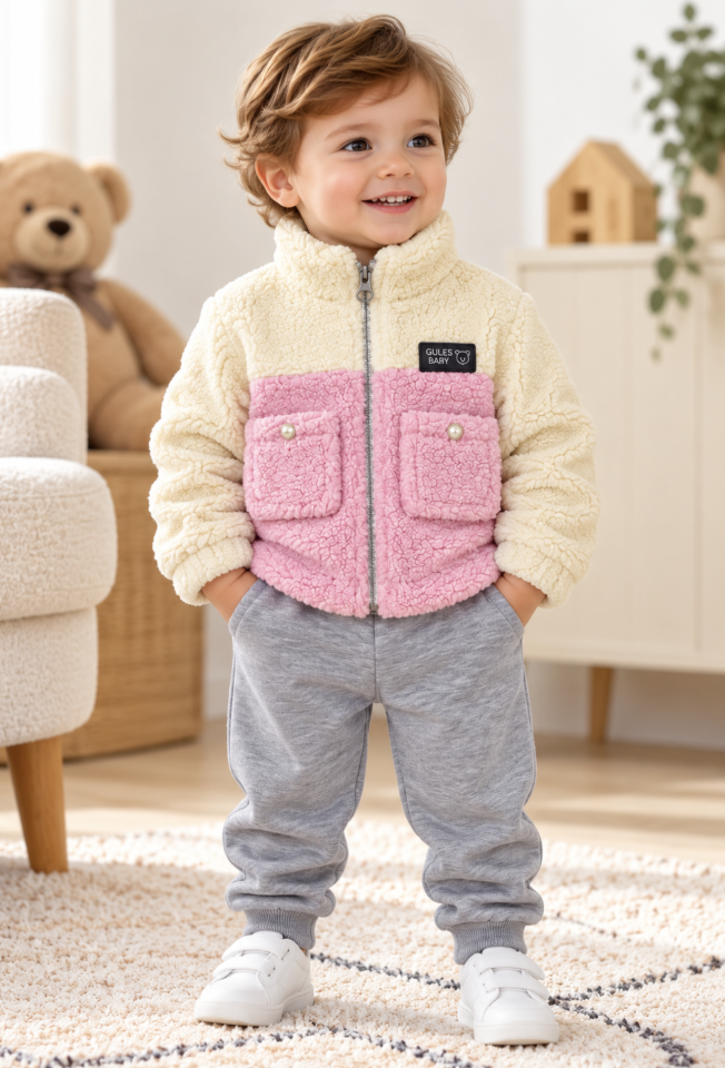 Bebek İkili Takım Cepli Pembe Peluş Ceket ve Gri Jogger
