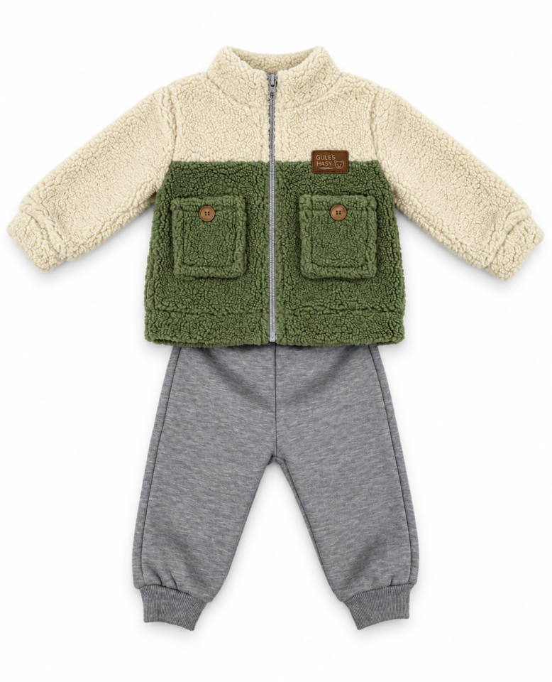 Bebek İkili Takım Cepli Yeşil Peluş Ceket ve Gri Jogger