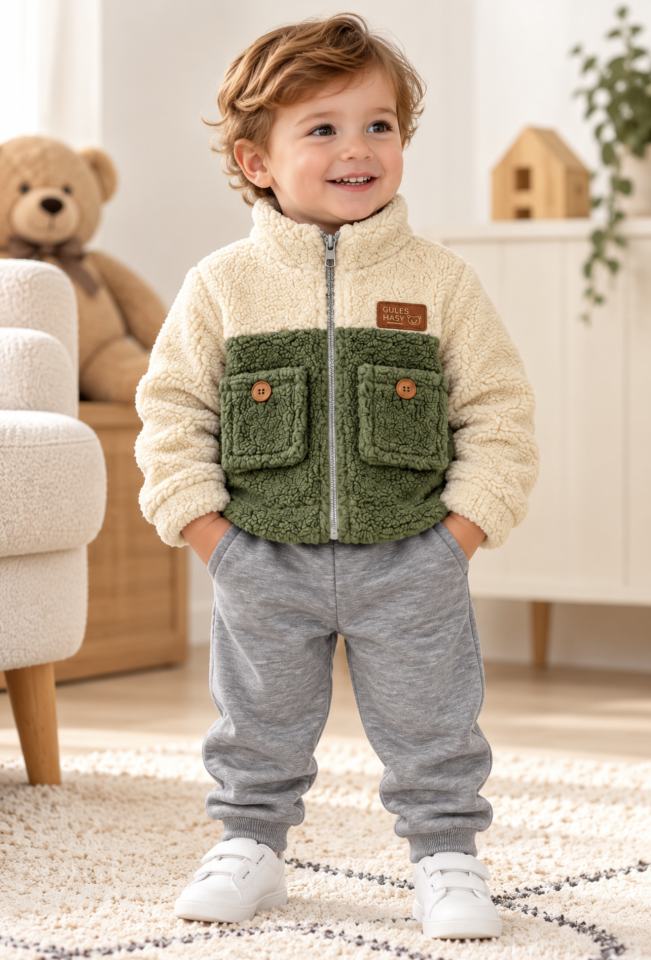 Bebek İkili Takım Cepli Yeşil Peluş Ceket ve Gri Jogger