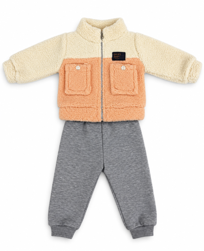 Bebek İkili Takım Cepli Turuncu Peluş Ceket ve Gri Jogger
