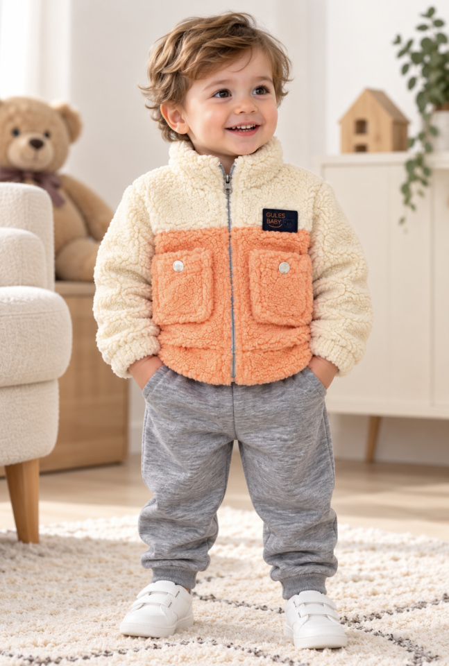Bebek İkili Takım Cepli Turuncu Peluş Ceket ve Gri Jogger