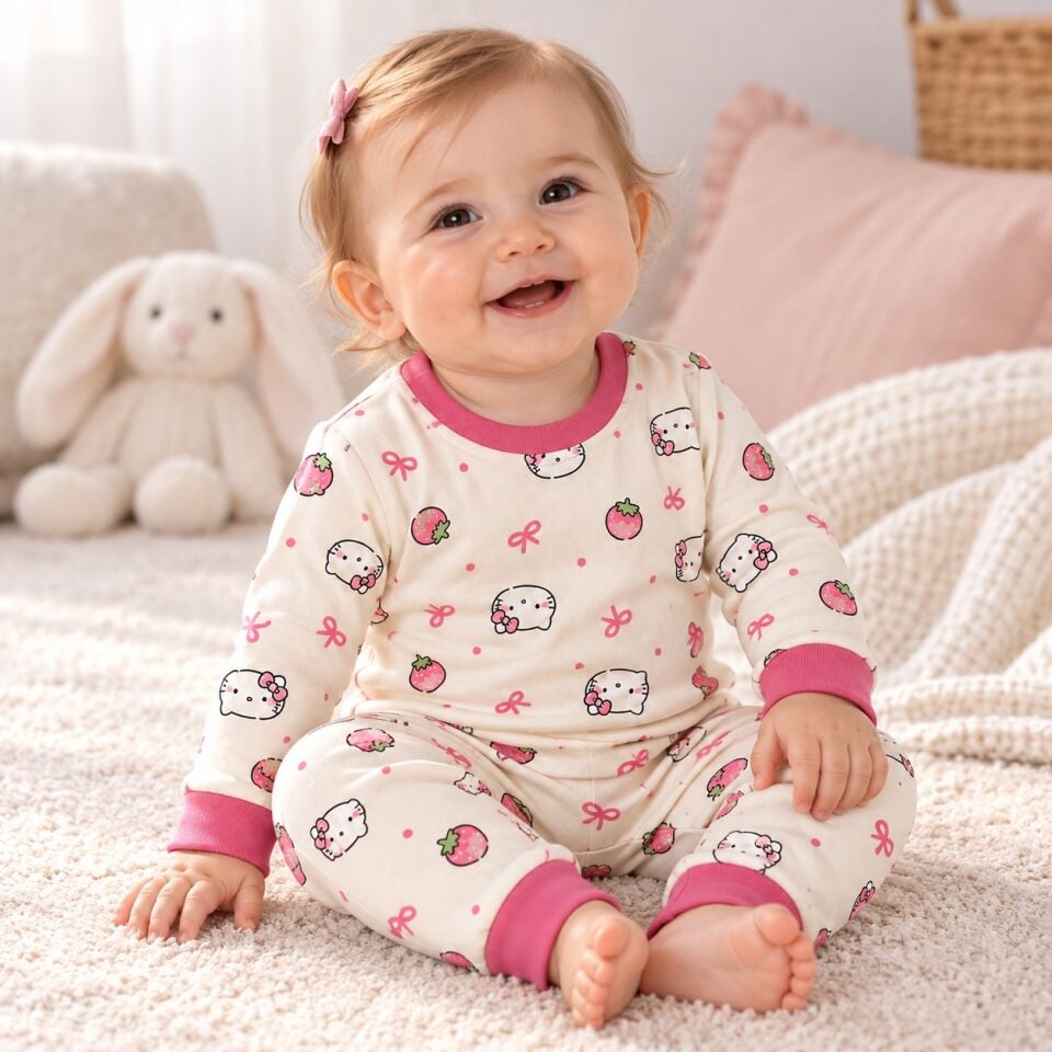 Hello Kitty'li Kız Bebek Uzun Kollu Desenli Alt Üst Pijama Takımı