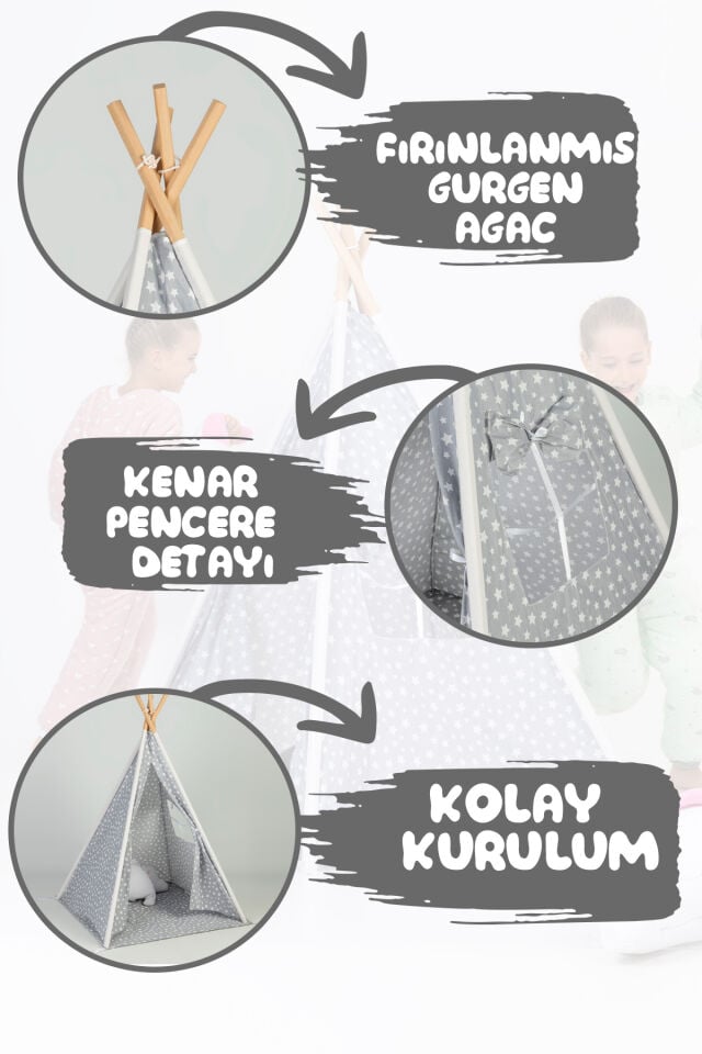 Çocuk Kızılderili Ahşap Direkli Geniş Oyun Çadırı ve Minderli Ev & Bahçe Oyun Alanı