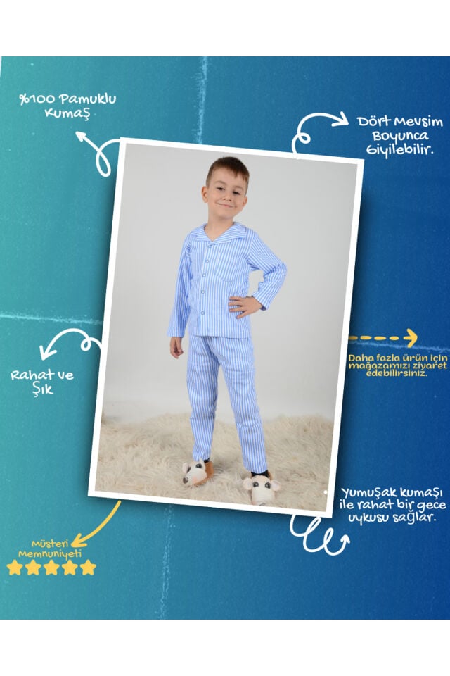 Lemoon Çizgili Düğmeli Çocuk Pijama Takımı C83294
