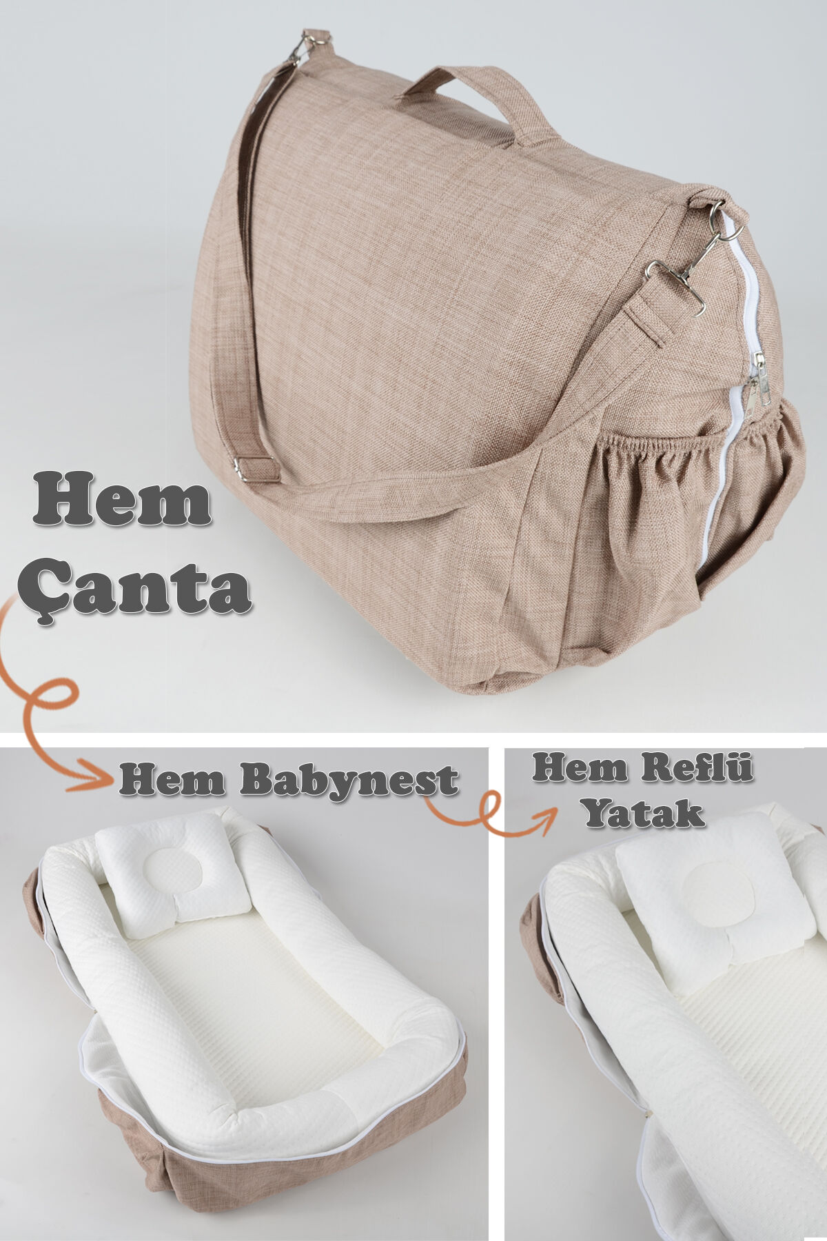 Çantalı Taşınabilir Bebek Reflü Yatağı, Yastığı, Babynest, Anne Çantası Dokuma Kumaş Çocuk Araç Gereçleri