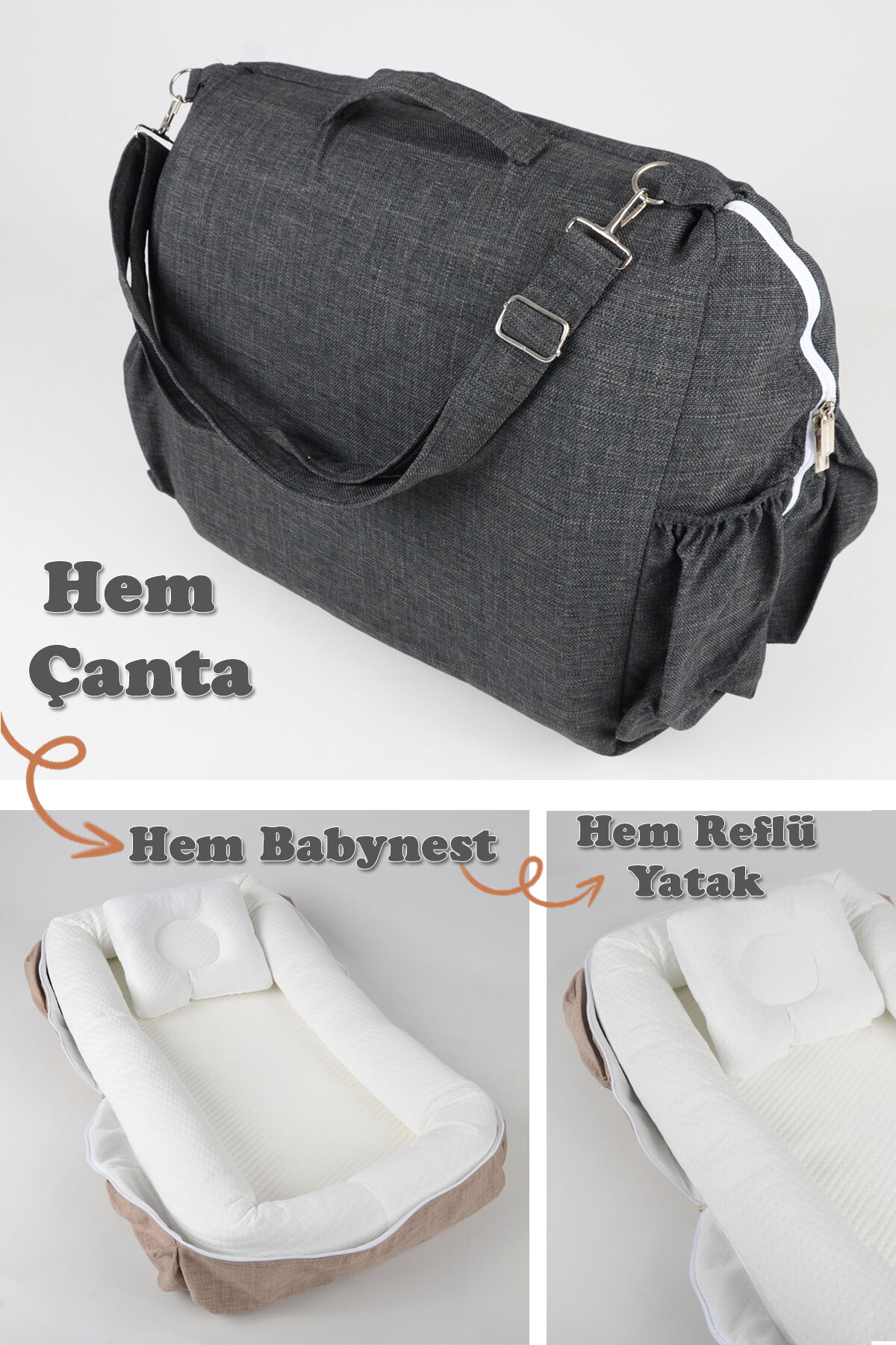 Çantalı Taşınabilir Bebek Reflü Yatağı, Yastığı, Babynest, Anne Çantası Dokuma Kumaş Çocuk Araç Gereçleri ANTRASİT