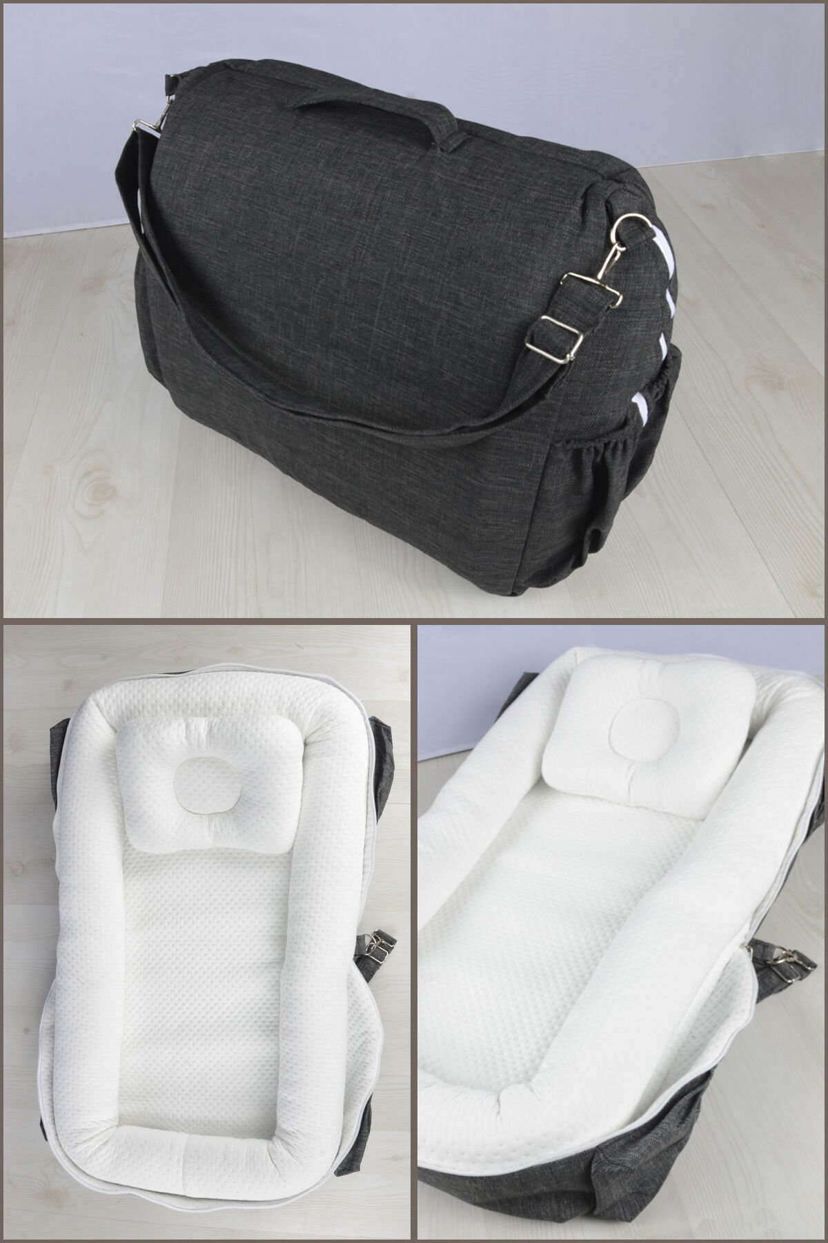 Çantalı Taşınabilir Bebek Reflü Yatağı, Yastığı, Babynest, Anne Çantası Dokuma Kumaş Çocuk Araç Gereçleri ANTRASİT