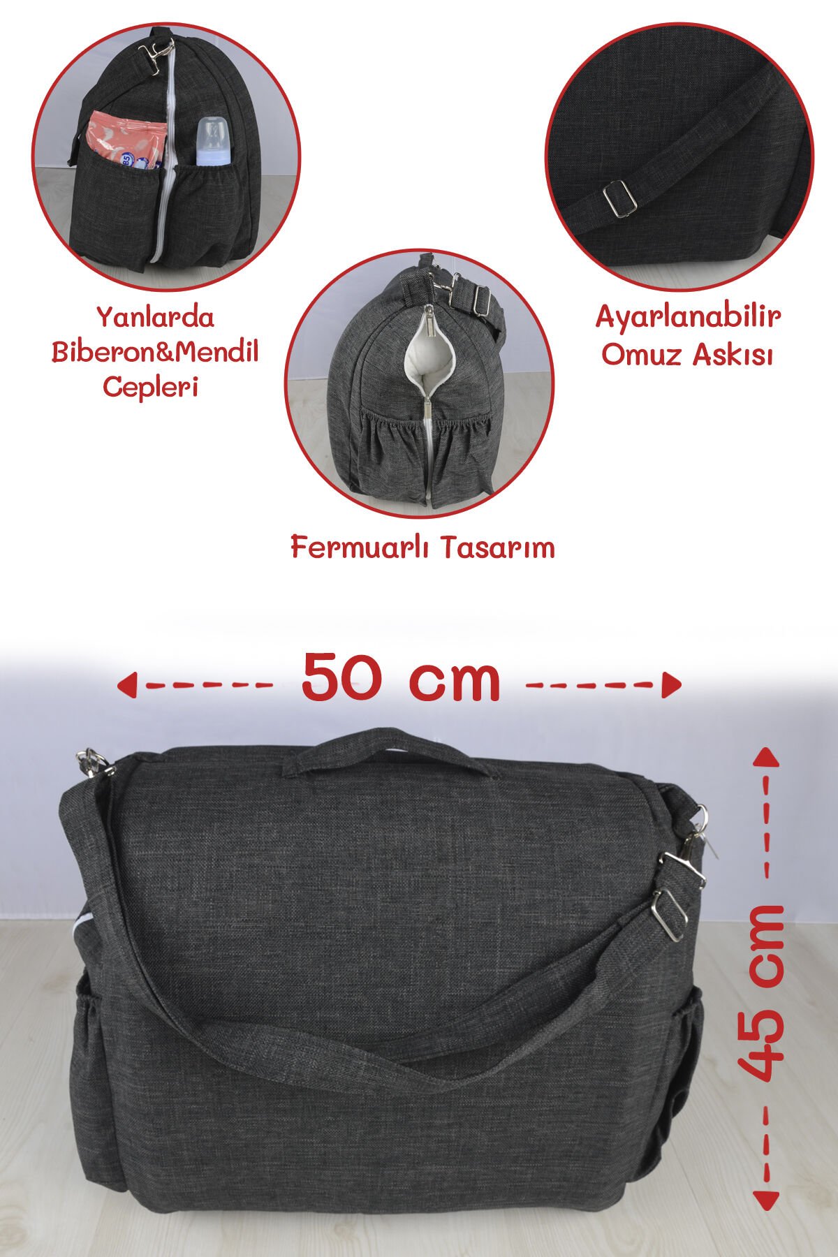 Çantalı Taşınabilir Bebek Reflü Yatağı, Yastığı, Babynest, Anne Çantası Dokuma Kumaş Çocuk Araç Gereçleri ANTRASİT