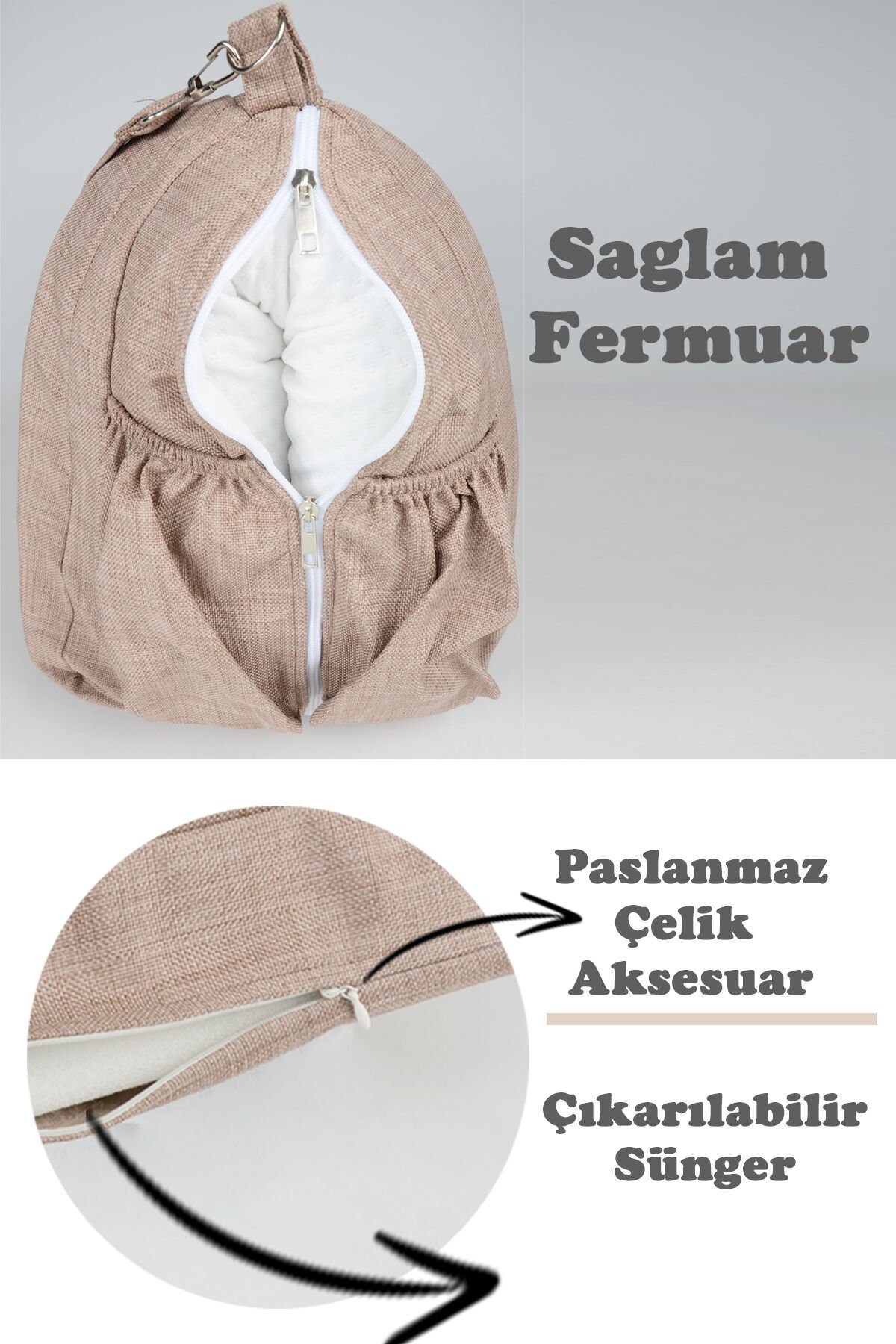 Çantalı Taşınabilir Bebek Reflü Yatağı, Yastığı, Babynest, Anne Çantası Dokuma Kumaş Çocuk Araç Gereçleri BEJ