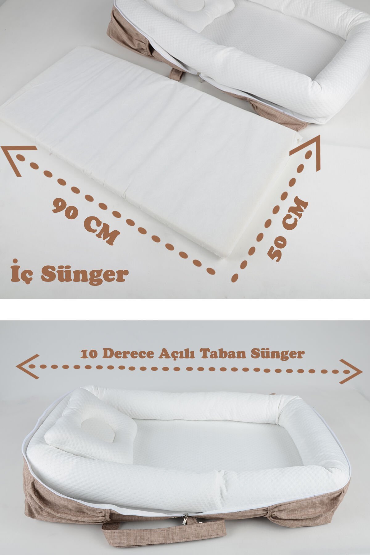 Çantalı Taşınabilir Bebek Reflü Yatağı, Yastığı, Babynest, Anne Çantası Dokuma Kumaş Çocuk Araç Gereçleri BEJ