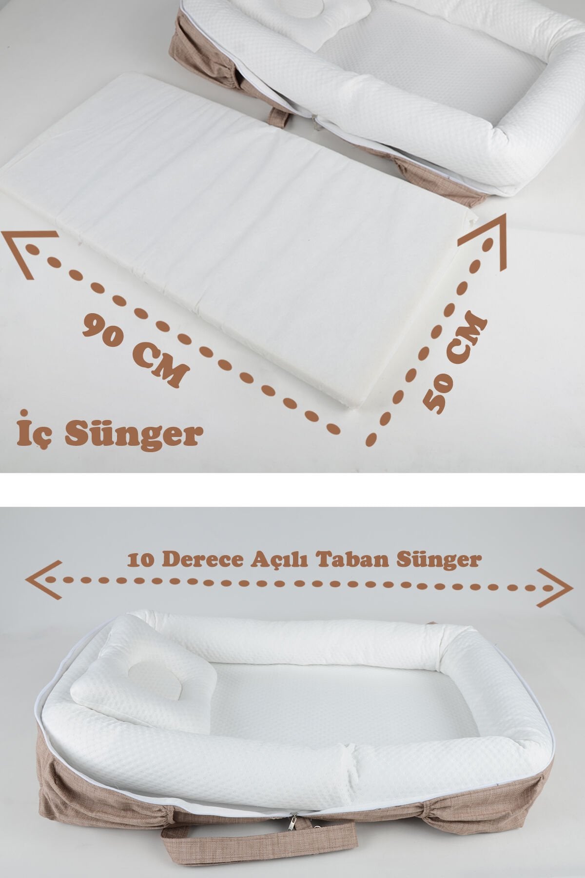 Çantalı Taşınabilir Bebek Reflü Yatağı, Yastığı, Babynest, Anne Çantası Dokuma Kumaş Çocuk Araç Gereçleri BEJ