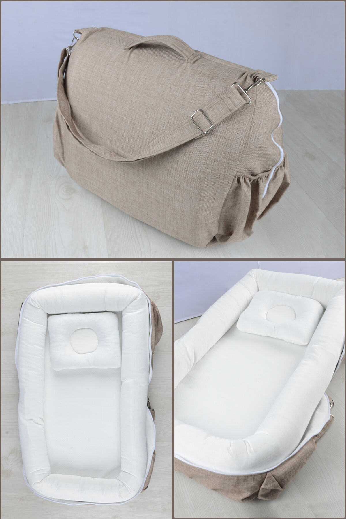 Çantalı Taşınabilir Bebek Reflü Yatağı, Yastığı, Babynest, Anne Çantası Dokuma Kumaş Çocuk Araç Gereçleri BEJ