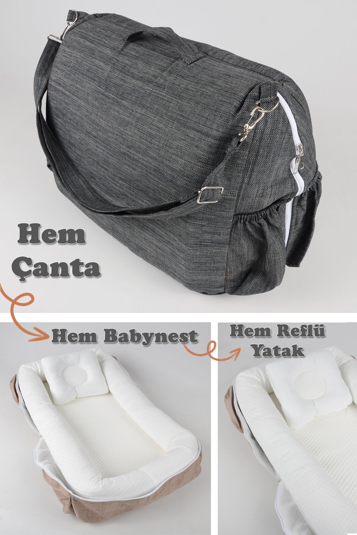 Çantalı Taşınabilir Bebek Reflü Yatağı, Yastığı, Babynest, Anne Çantası Dokuma Kumaş Çocuk Araç Gereçleri Gri