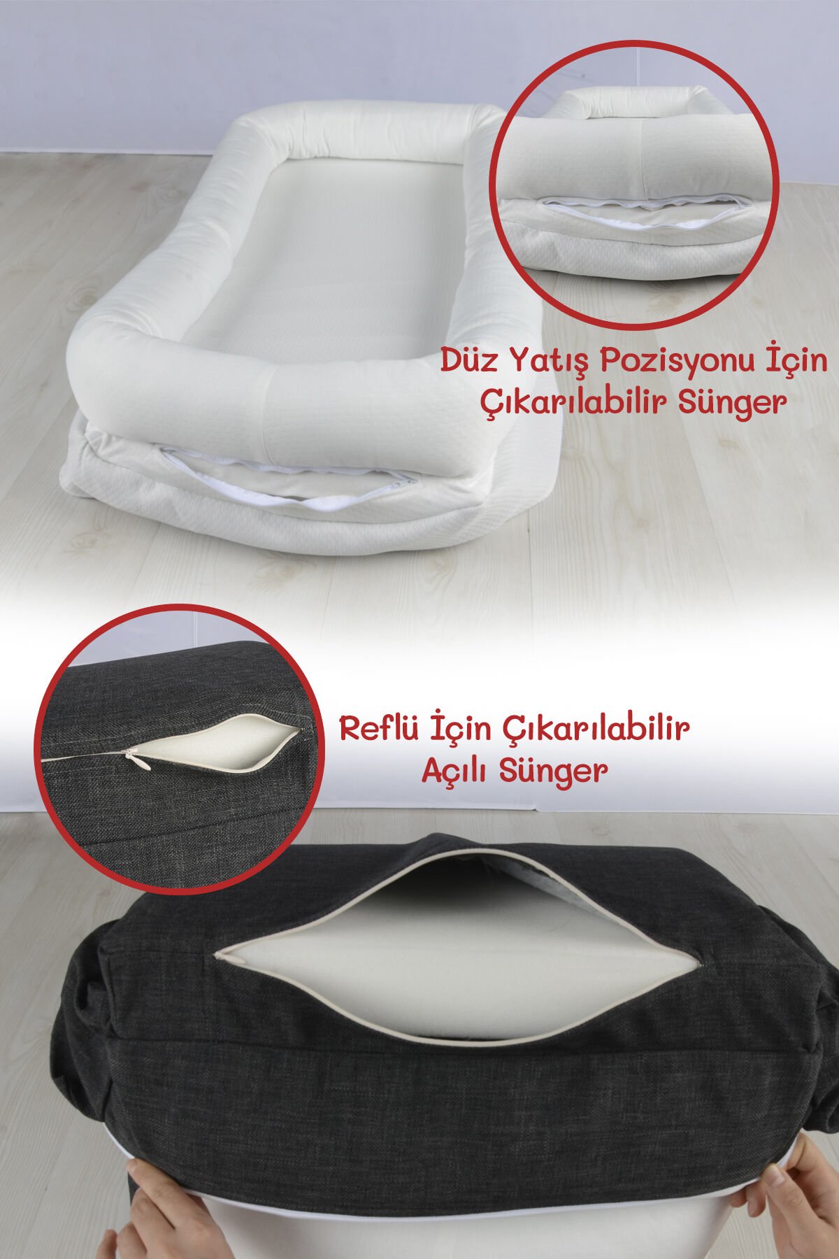 Çantalı Taşınabilir Bebek Reflü Yatağı, Yastığı, Babynest, Anne Çantası Dokuma Kumaş Çocuk Araç Gereçleri Gri