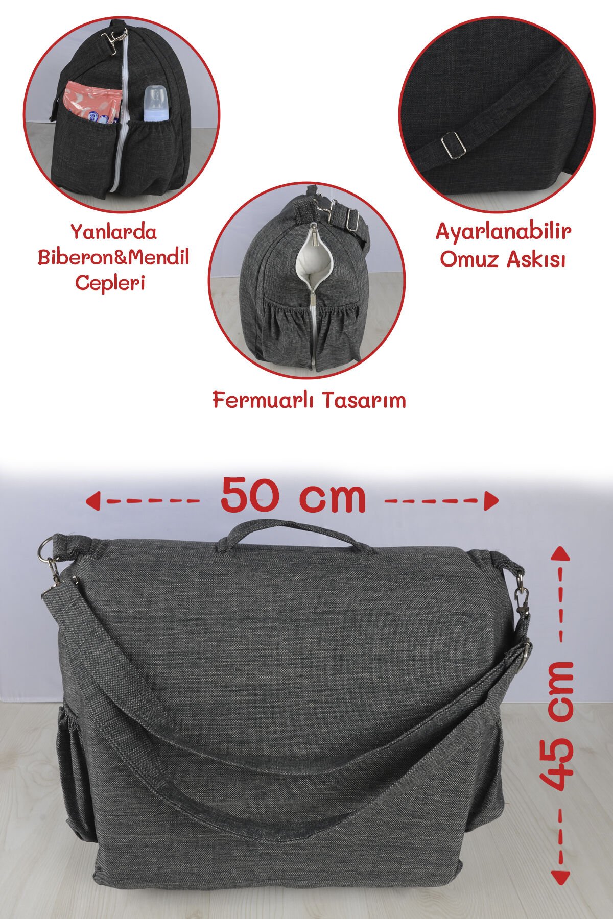 Çantalı Taşınabilir Bebek Reflü Yatağı, Yastığı, Babynest, Anne Çantası Dokuma Kumaş Çocuk Araç Gereçleri Gri