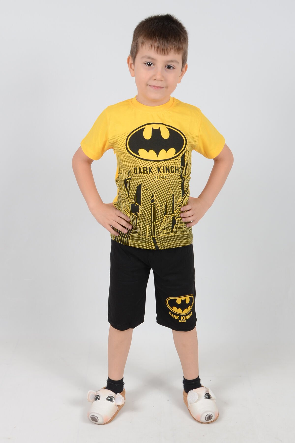 Batman Baskılı Şortlu İkili Sarı Çocuk Takım
