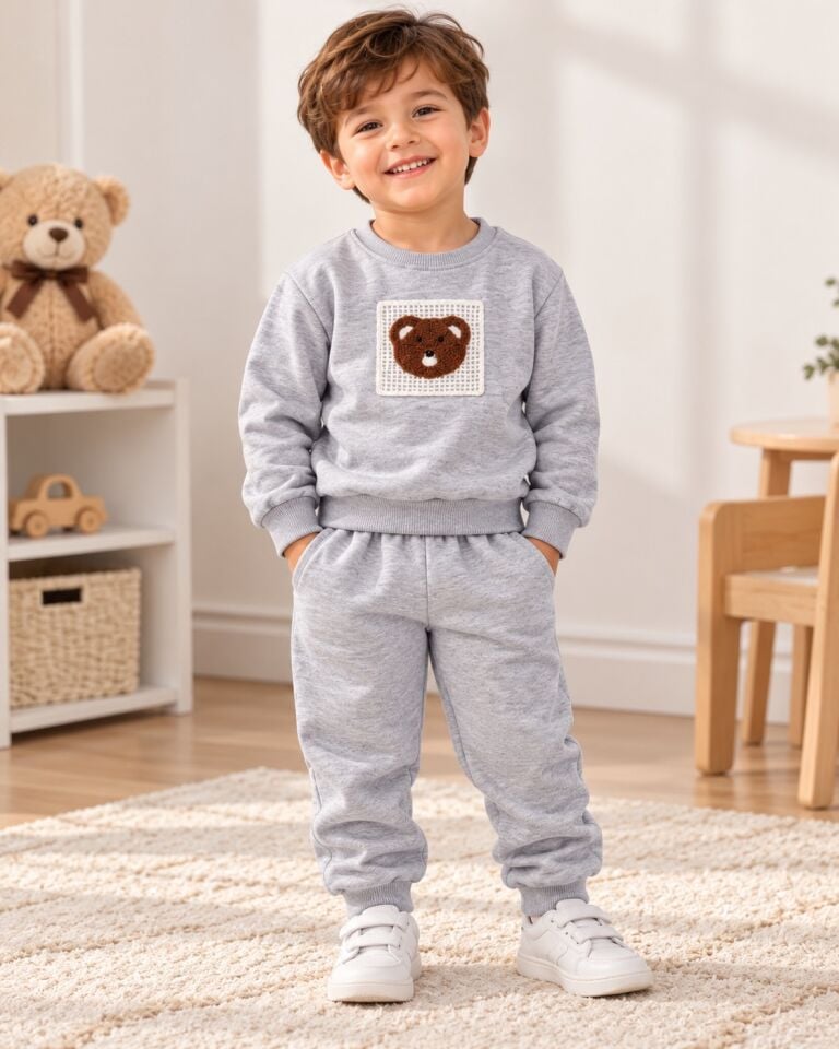 Erkek Çocuk İçi Polarlı Kışlık 2'li Eşofman Takımı Nakış Detaylı Sweatshirt ve Pantolon