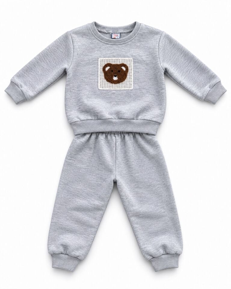 Erkek Çocuk İçi Polarlı Kışlık 2'li Eşofman Takımı Nakış Detaylı Sweatshirt ve Pantolon