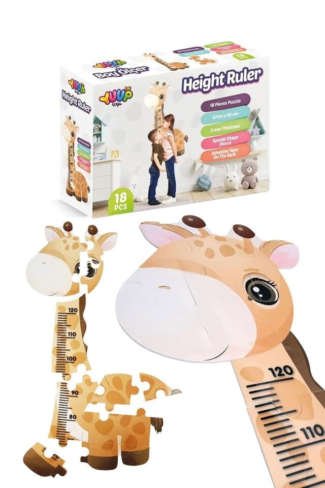 Çocuk Odası İçin Şirin Zürafa Boy Ölçer ve 18 Parça Puzzle