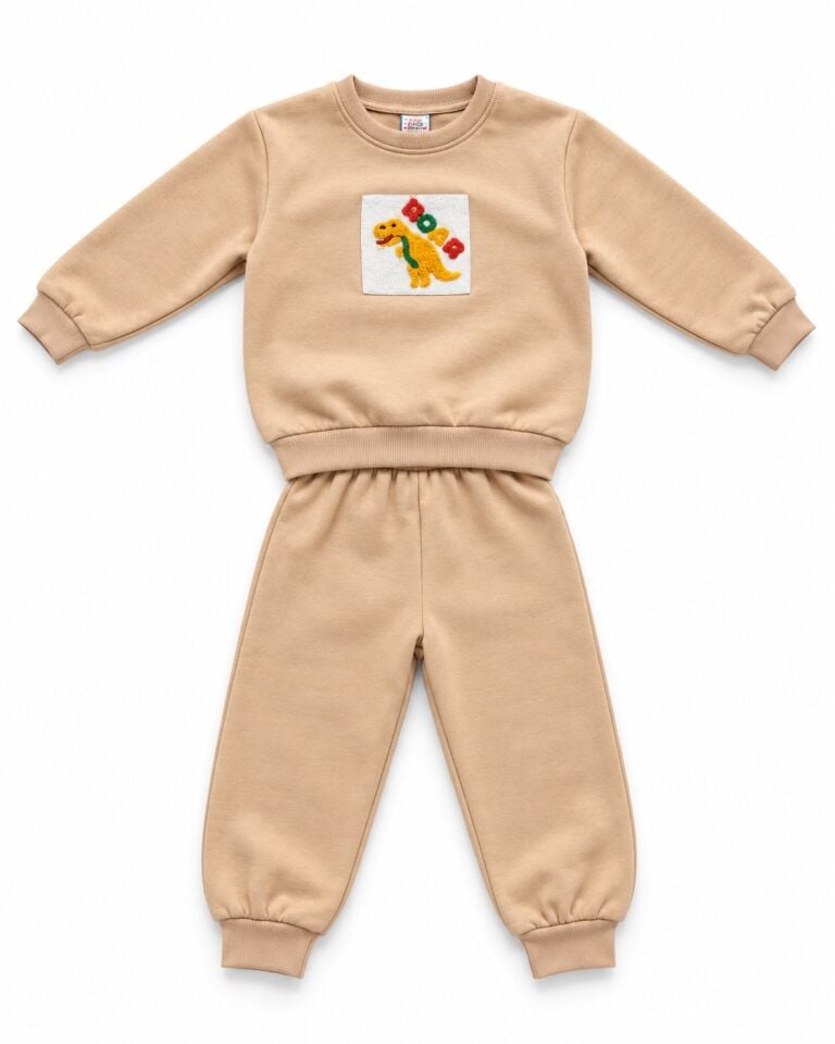 Erkek Çocuk İçi Polarlı Kışlık 2'li Eşofman Takımı Nakış Detaylı Sweatshirt ve Pantolon