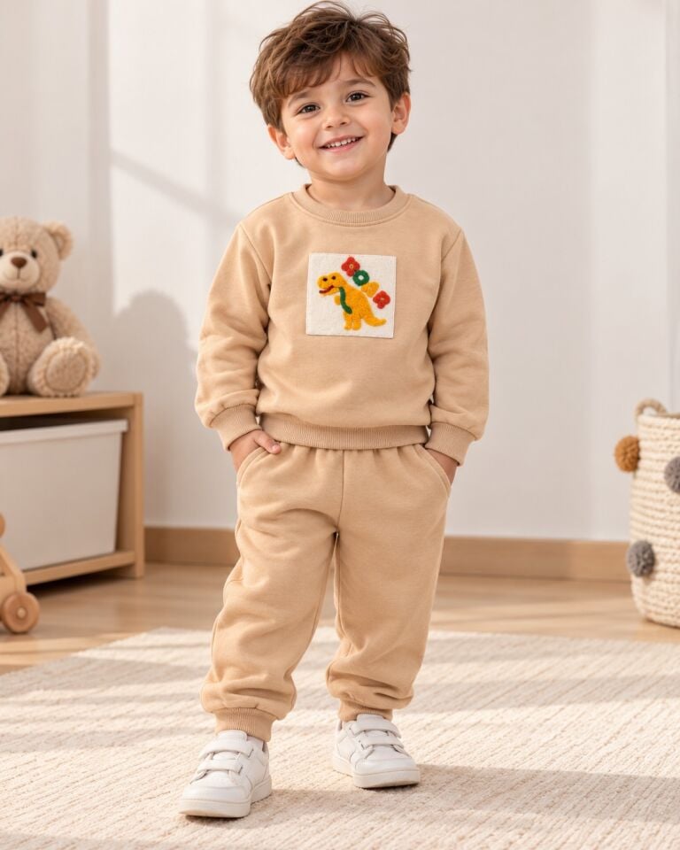 Erkek Çocuk İçi Polarlı Kışlık 2'li Eşofman Takımı Nakış Detaylı Sweatshirt ve Pantolon