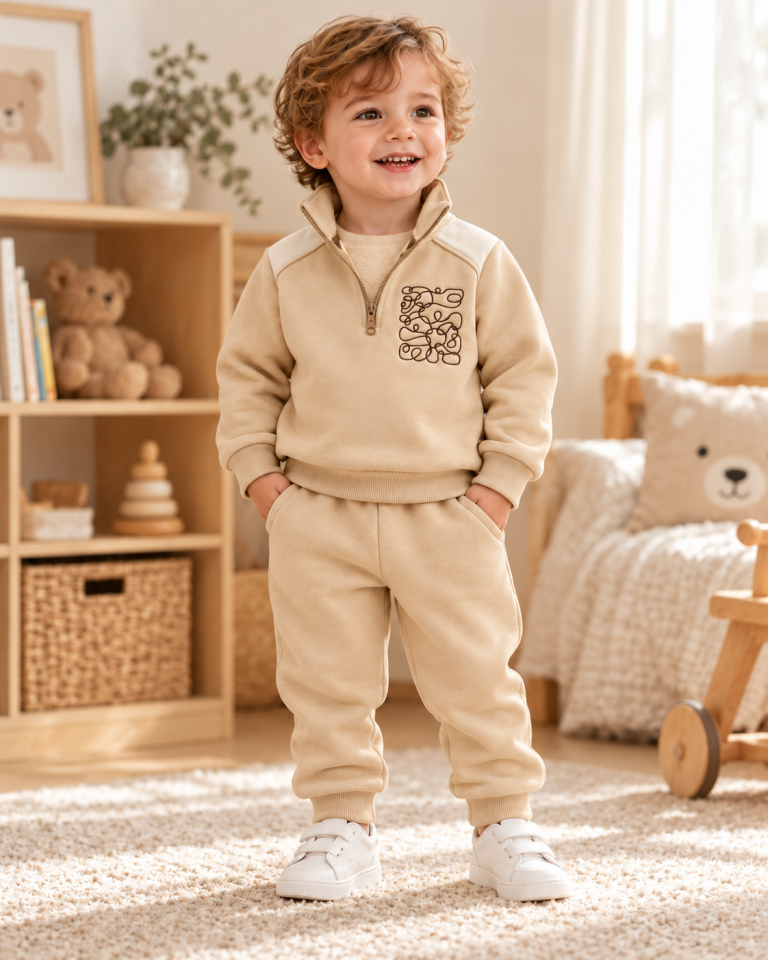 Erkek Çocuk İçi Polarlı Kışlık 2'li Eşofman Takımı Yarım Fermuarlı Nakış Detaylı Sweatshirt ve Pantolon