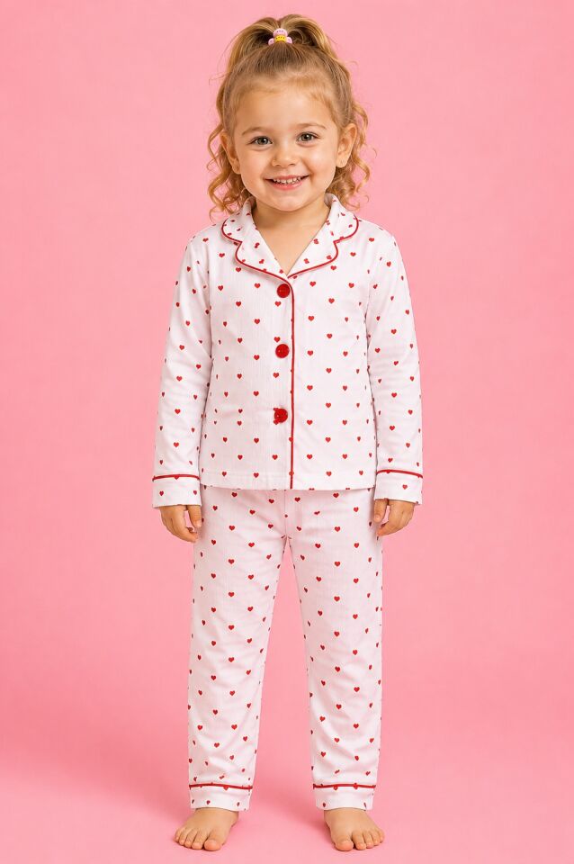 Kız Çocuk Beyaz Kırmızı Kalp Desenli Önden Düğmeli Pijama Takımı