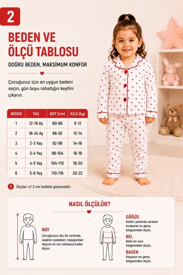 Kız Çocuk Beyaz Kırmızı Kalp Desenli Önden Düğmeli Pijama Takımı