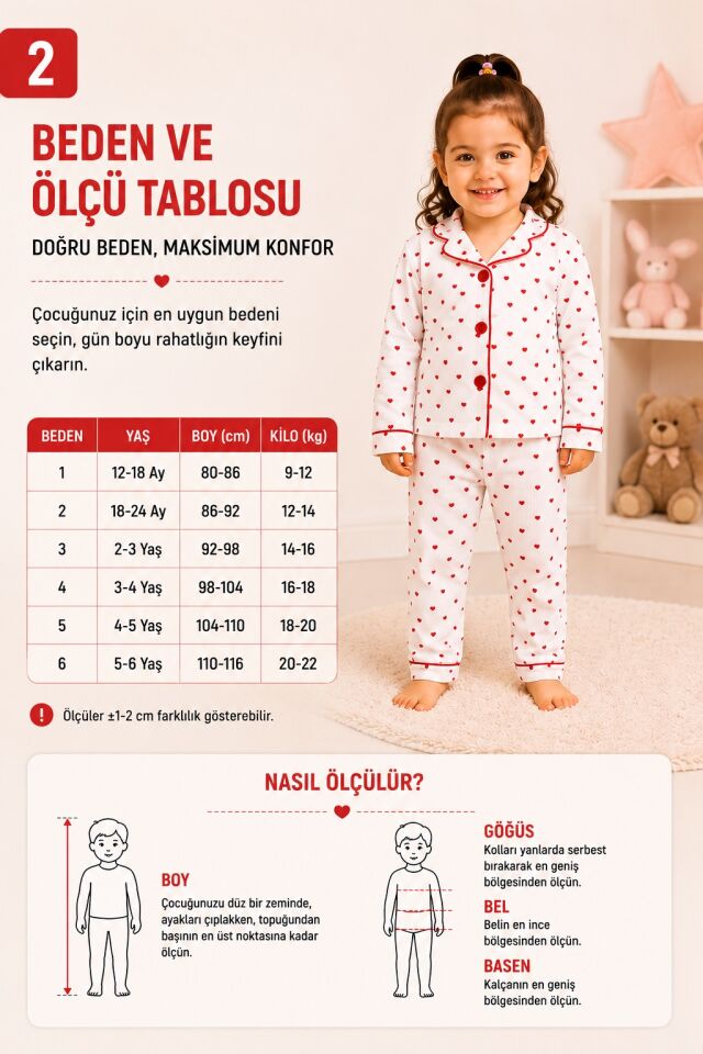 Kız Çocuk Beyaz Kırmızı Kalp Desenli Önden Düğmeli Pijama Takımı