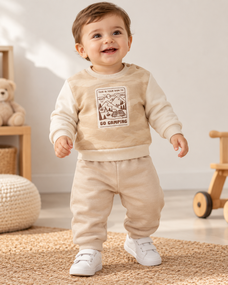 Erkek Bebek İçi Polarlı 2'li Eşofman Takımı – Baskılı, Uzun Kollu Sweatshirt ve Lastikli Pantolon