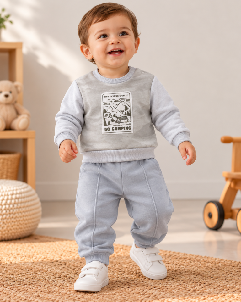 Erkek Bebek İçi Polarlı 2'li Eşofman Takımı – Baskılı, Uzun Kollu Sweatshirt ve Lastikli Pantolon