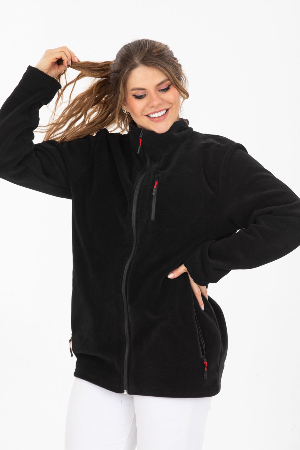 Tam Fermuarlı 3 Cepli Rüzgar Geçirmez Outdoor Spor Kadın Polar Ceket