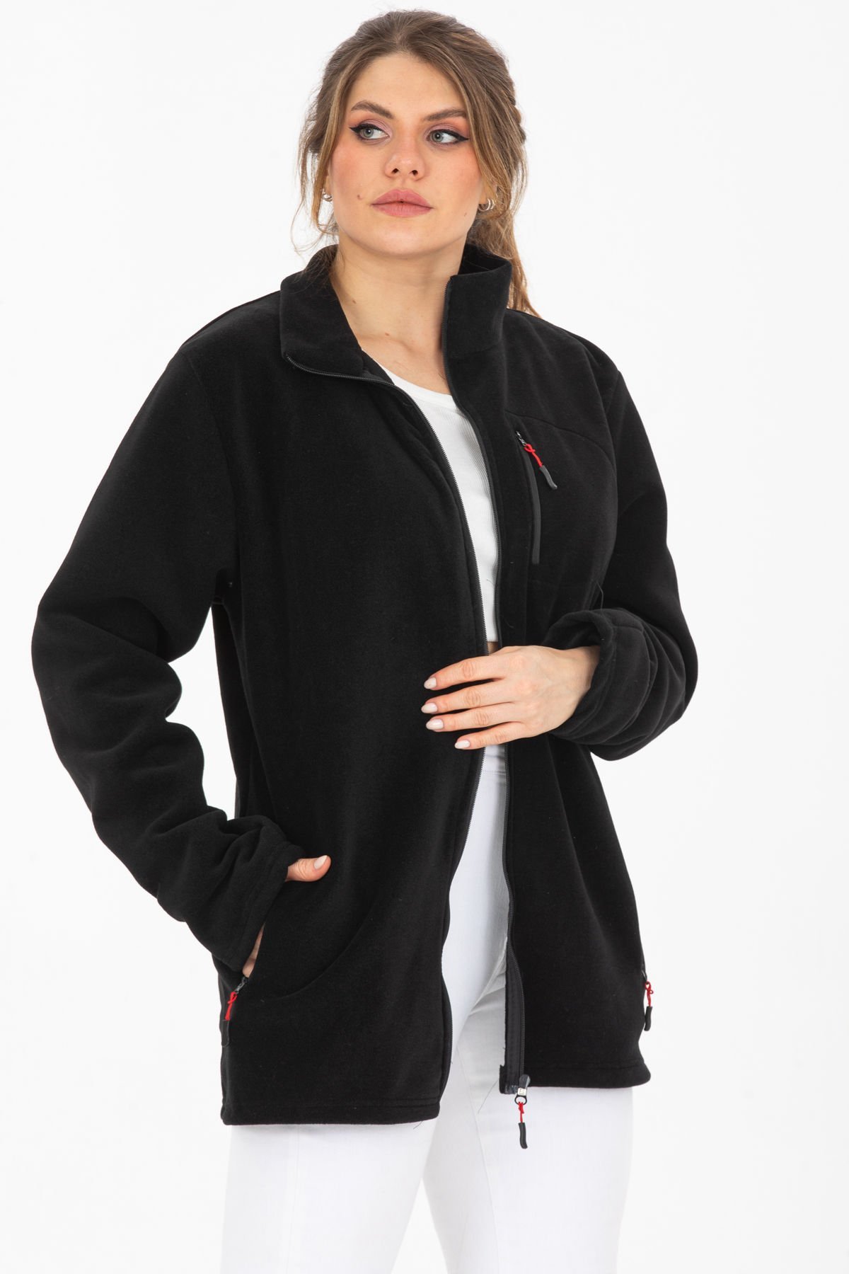 Tam Fermuarlı 3 Cepli Rüzgar Geçirmez Outdoor Spor Kadın Polar Ceket