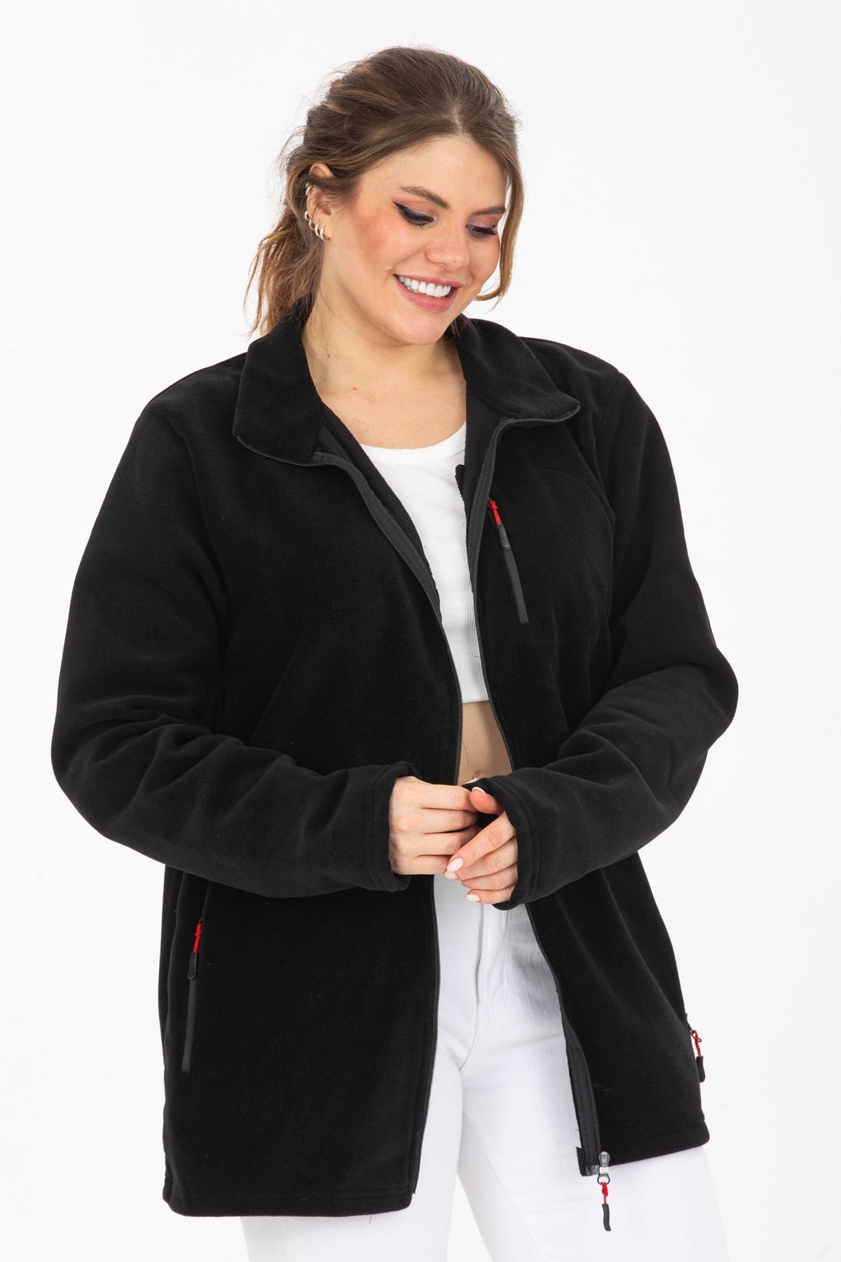 Tam Fermuarlı 3 Cepli Rüzgar Geçirmez Outdoor Spor Kadın Polar Ceket