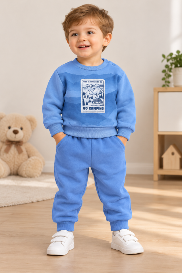 Erkek Bebek İçi Polarlı 2'li Eşofman Takımı – Baskılı, Uzun Kollu Sweatshirt ve Lastikli Pantolon