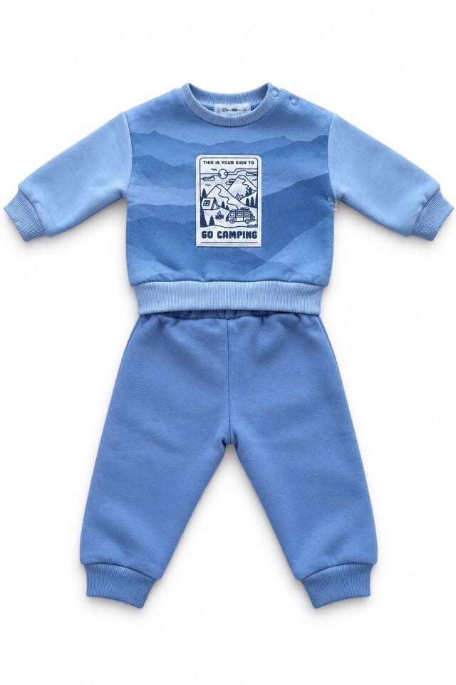 Erkek Bebek İçi Polarlı 2'li Eşofman Takımı – Baskılı, Uzun Kollu Sweatshirt ve Lastikli Pantolon