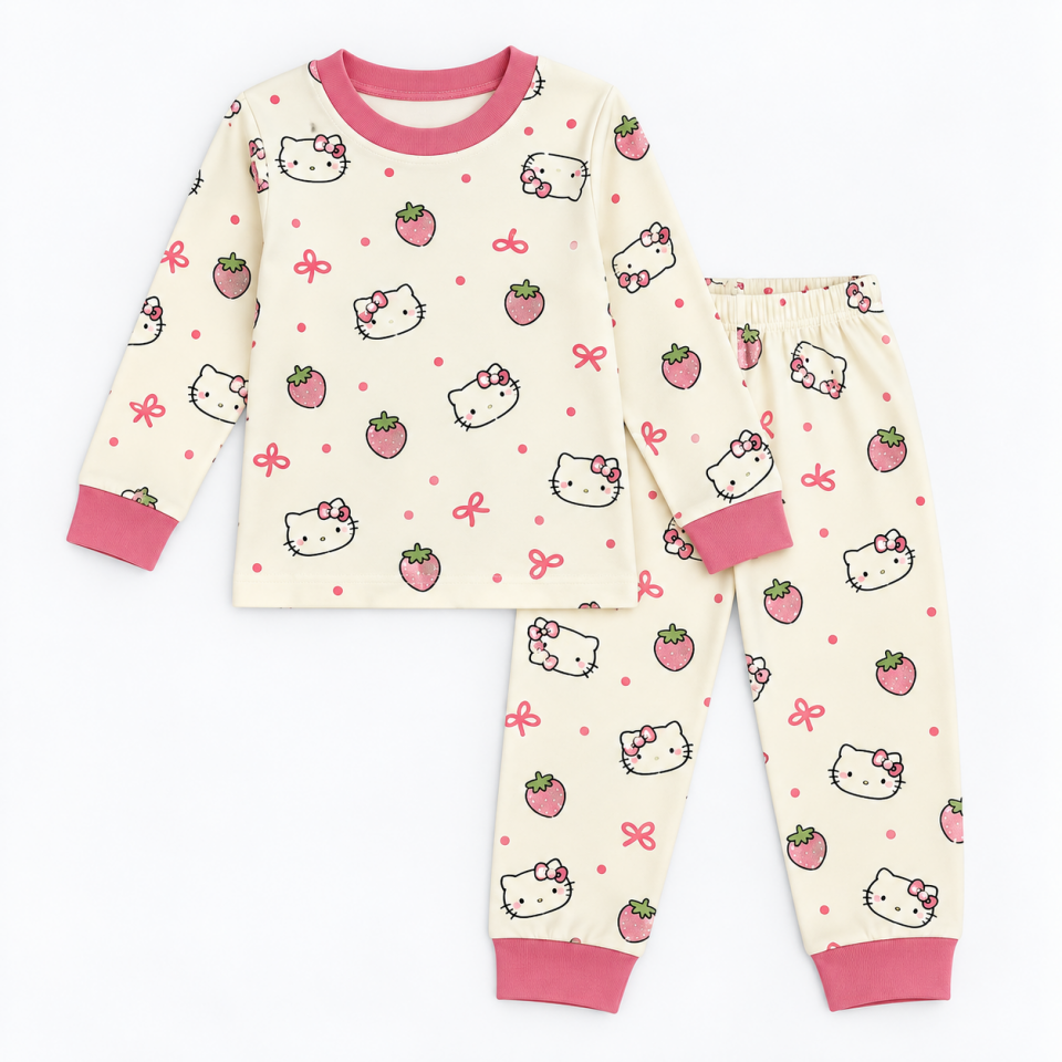 Kız Bebek Uzun Kollu Hello Kitty Desenli Alt Üst Pijama Takımı 2 Parça