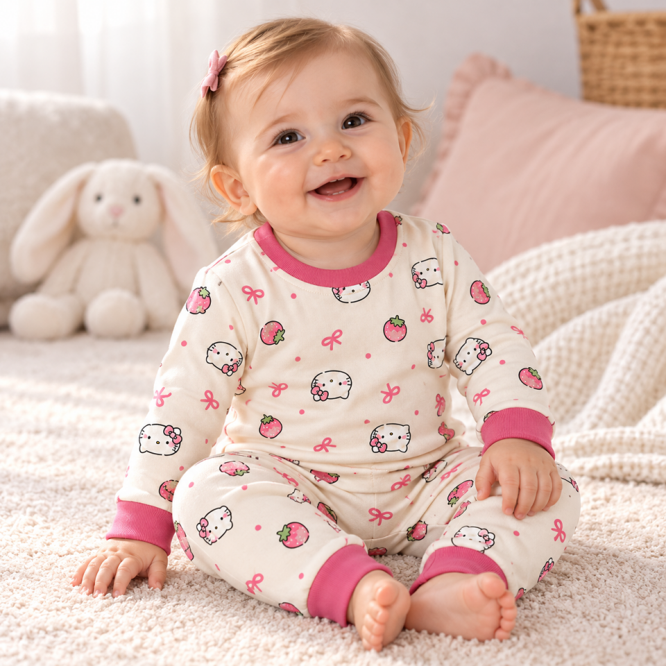 Kız Bebek Uzun Kollu Hello Kitty Desenli Alt Üst Pijama Takımı 2 Parça