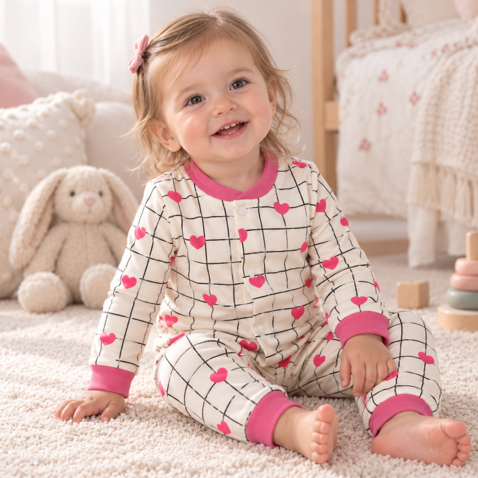 Kız Bebek Uzun Kollu Pembe Kalp Desenli Alt Üst Pijama Takımı 2 Parça