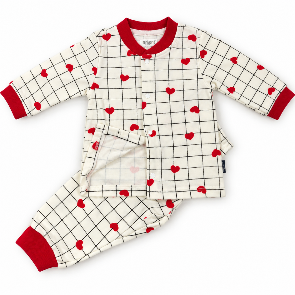 Kız Bebek Uzun Kollu Kırmızı Kalpli Alt Üst Pijama Takımı 2 Parça